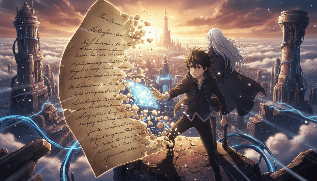 A page of handwritten text dissolving into an animated anime scene