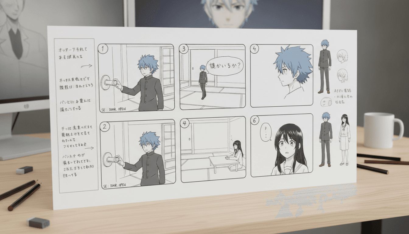 A storyboard sheet with written text on the left turning into numbered anime shot panels on the right