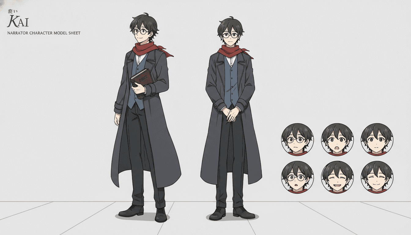 An anime character model sheet showing a narrator character in consistent front and three-quarter views