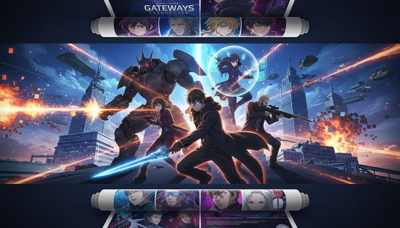 A vertical webtoon scroll unfolding into a widescreen anime scene with dramatic rim lighting
