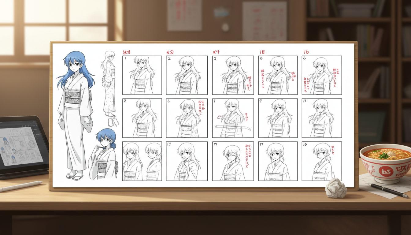 A storyboard sheet showing a vertical webtoon scroll re-cut into numbered horizontal anime shots