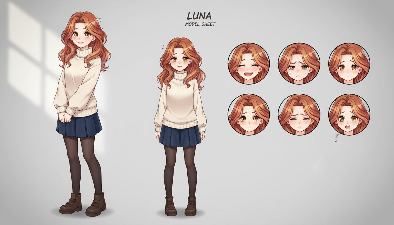 An anime character model sheet of a webtoon lead in front and three-quarter views with an expression row
