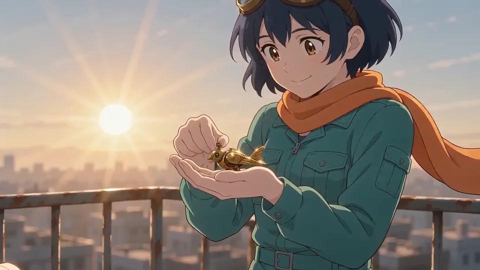 Kiko holding a tiny brass bird at sunrise