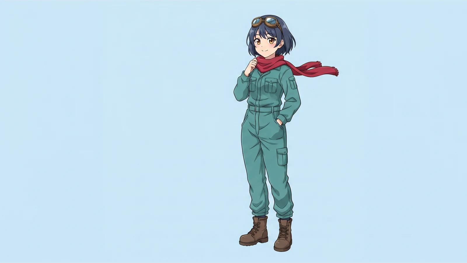 Saved Kiko anime character reference with a crimson scarf, teal jumpsuit, brass goggles and brown boots on pale blue