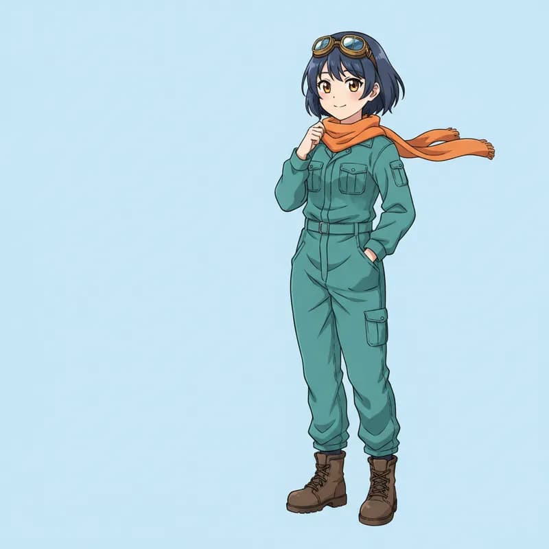 Kiko character reference with a teal jumpsuit and orange scarf