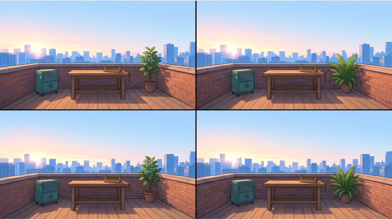 Saved four-panel anime rooftop workshop reference with a teal cabinet, wooden workbench, potted plants and sunrise skyline