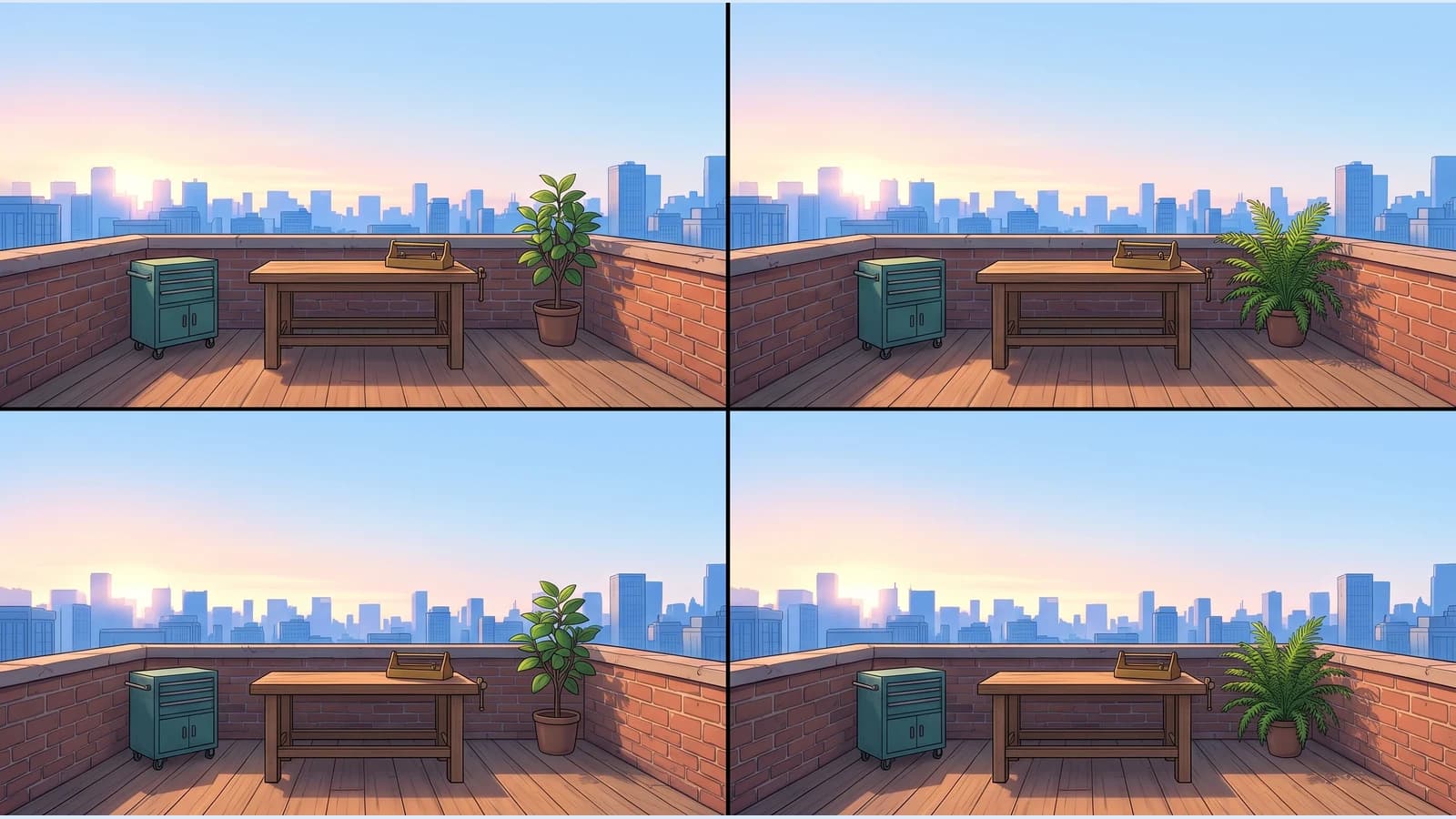 Saved four-panel anime rooftop workshop reference with a teal cabinet, wooden workbench, potted plants and sunrise skyline