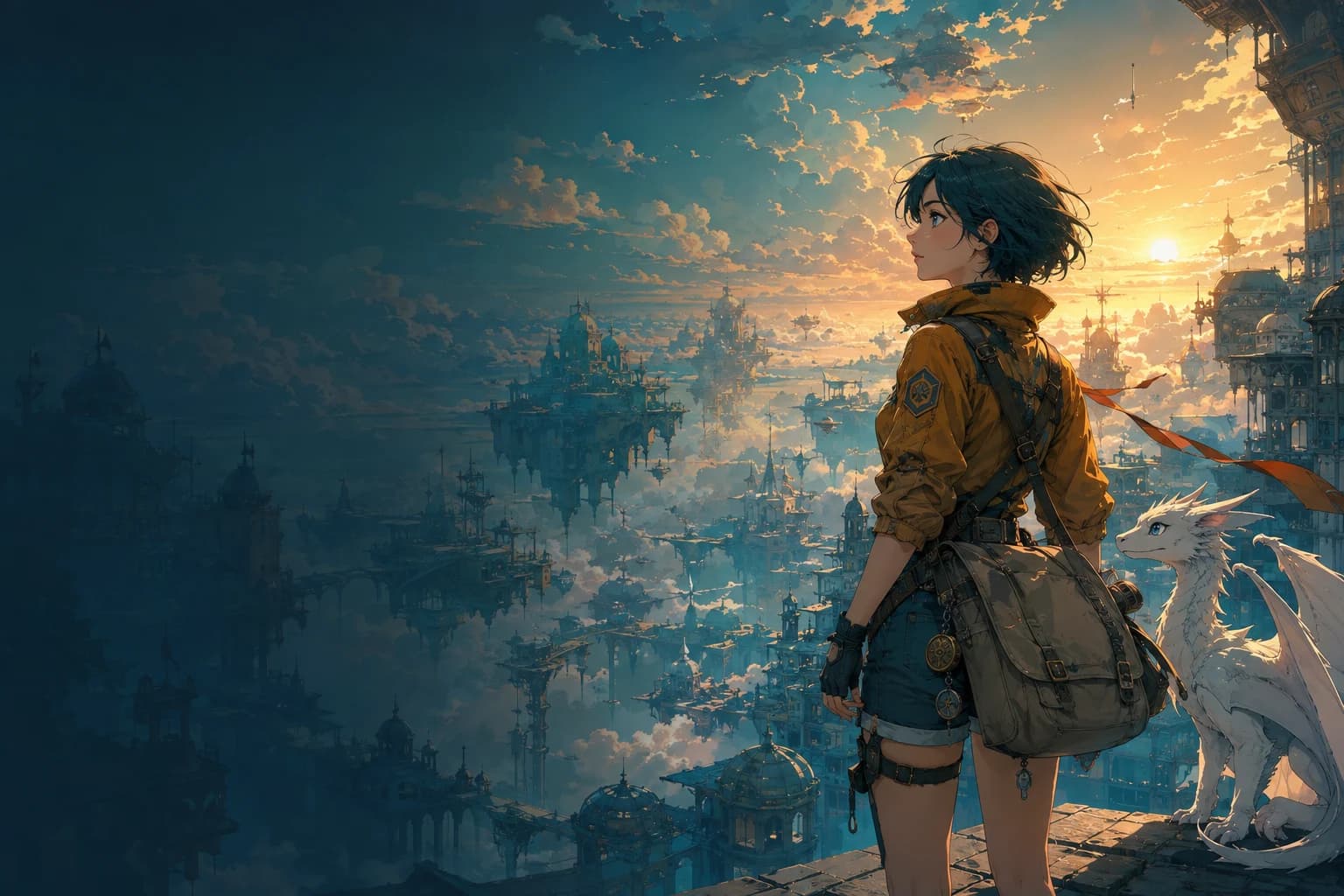 An anime courier overlooking a city in the clouds