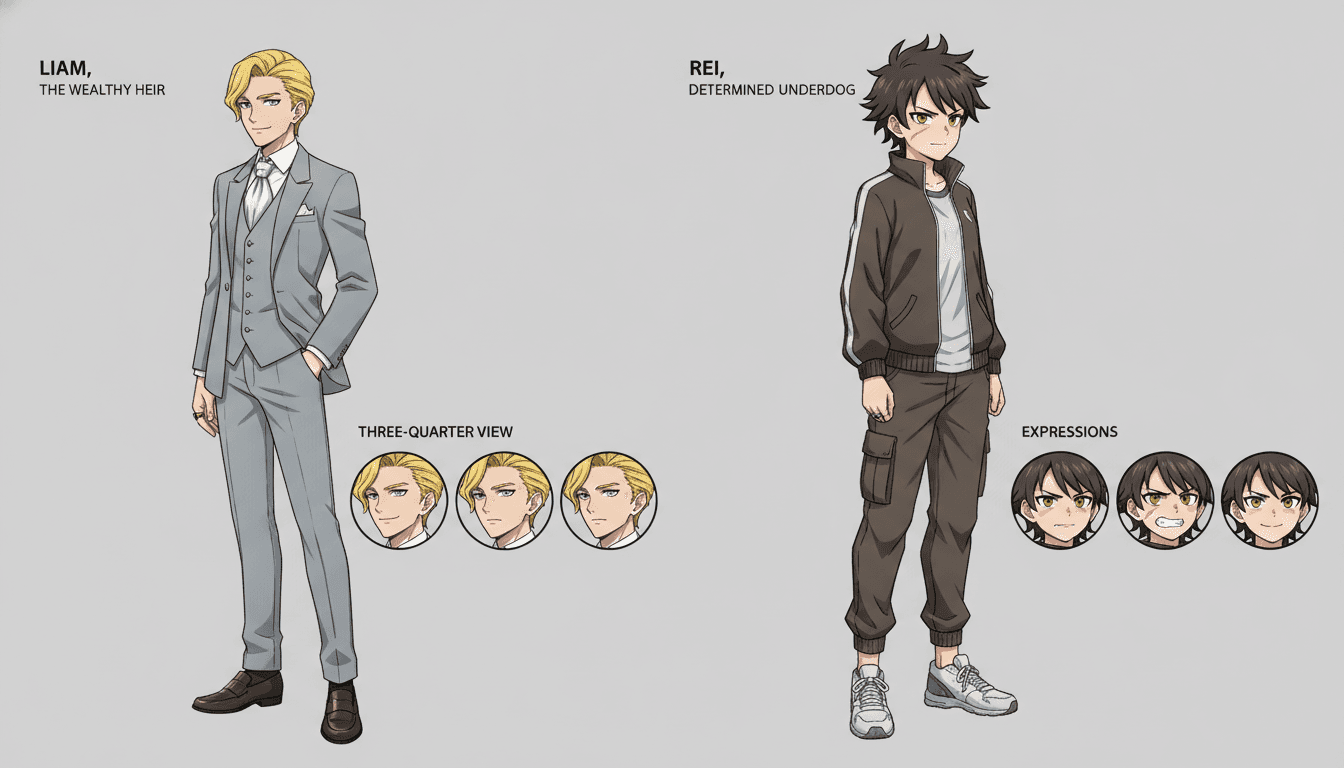 An anime character model sheet showing a wealthy heir and a determined underdog in consistent views