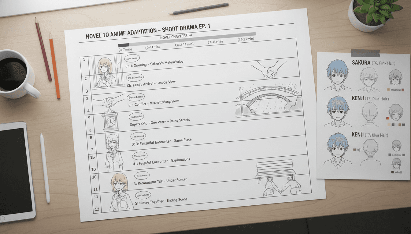 Novel chapters mapped onto a short-drama episode ladder on an anime storyboard sheet