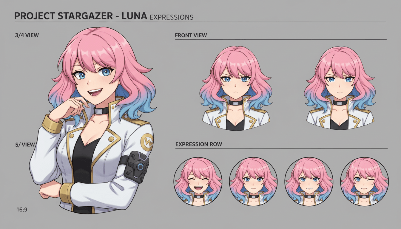 An expressive anime character built for close-up framing, shown in consistent views