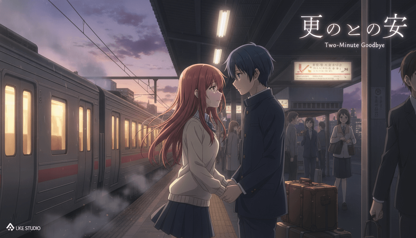 Anime key visual from a short film about a goodbye on a rain-lit train platform