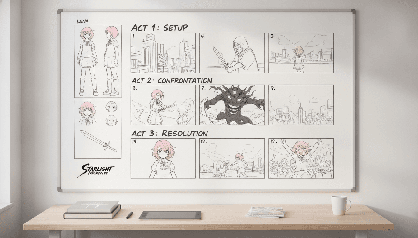 A three-act structure for an anime short film laid out as numbered storyboard panels