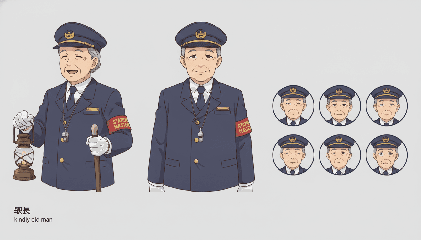 Anime character model sheet of a station master shown in front and three-quarter views with an expression row