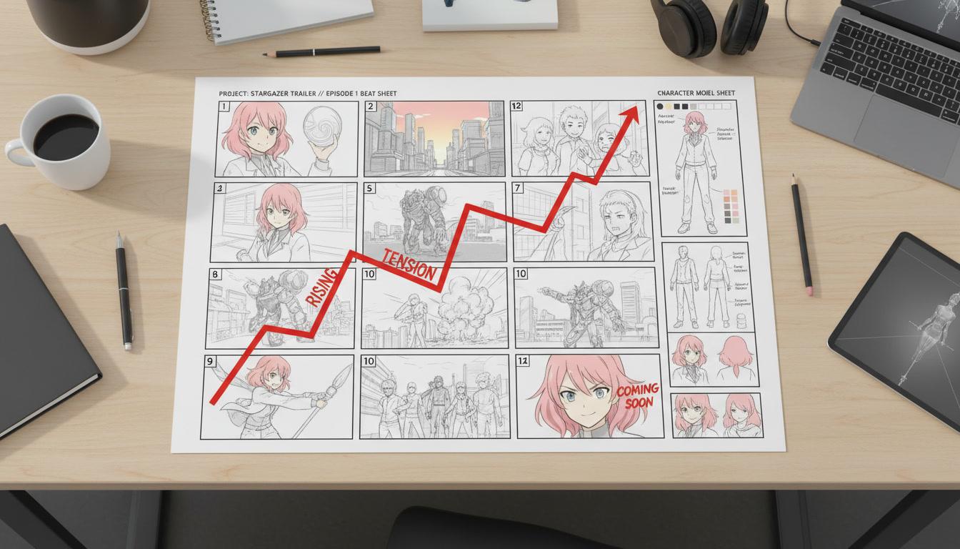 An anime storyboard sheet showing a trailer beat sheet with rising tension marked across numbered panels