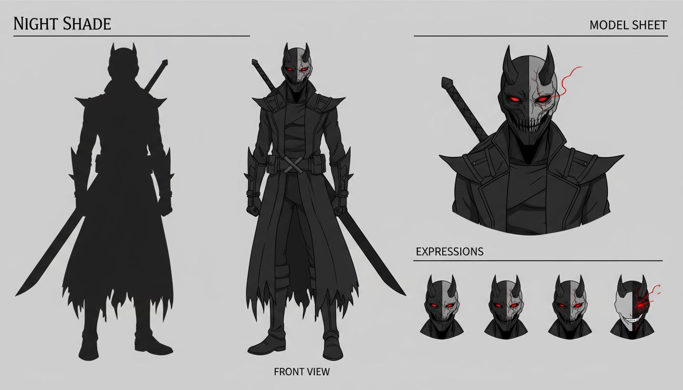 An anime character model sheet for a masked antagonist showing front, three-quarter and expression views