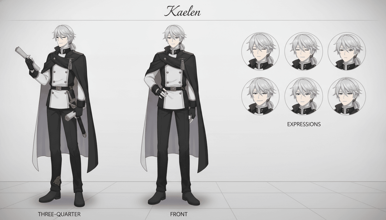 An anime character model sheet for a calm strategist, with front and three-quarter views and an expression row
