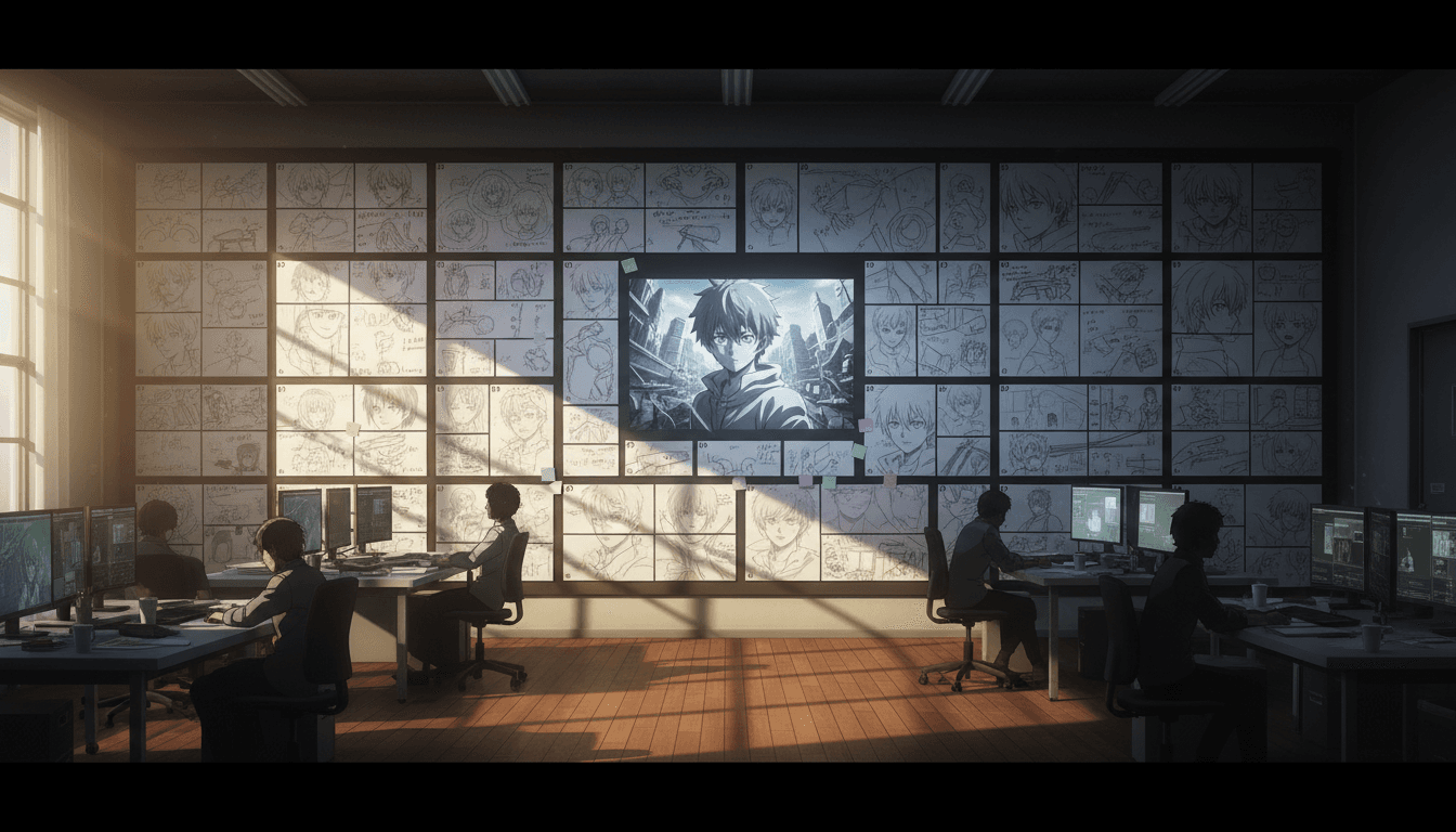 An anime storyboard wall covered in numbered shot panels under studio lighting