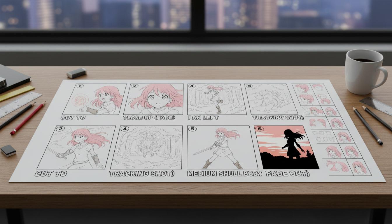 An anime storyboard sheet with numbered panels and camera notes beside a character model sheet