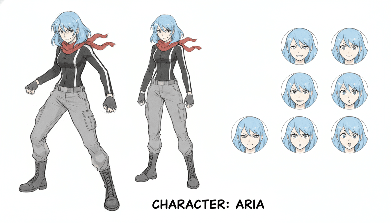 An anime character model sheet with front, three-quarter and expression views used as a storyboard reference