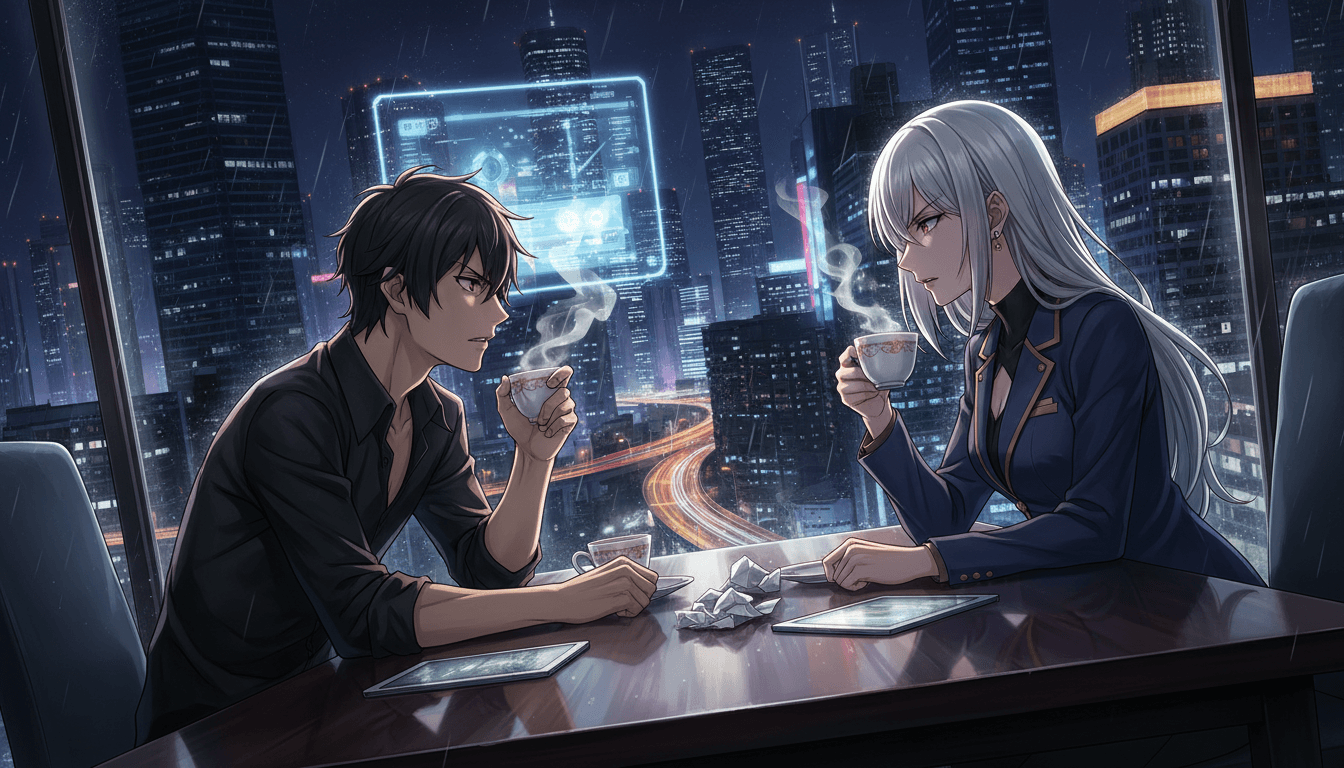 Two anime characters mid-argument across a table in a voiced dialogue scene