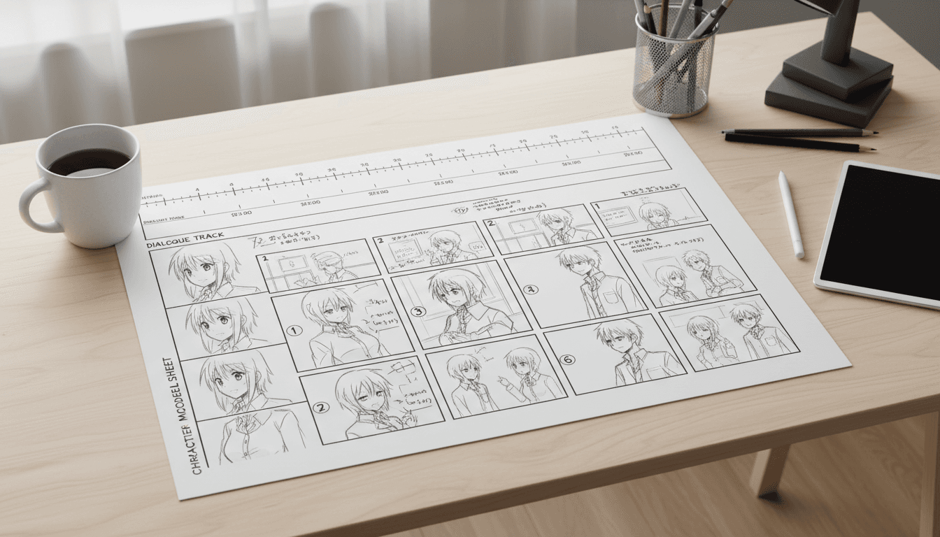 An anime storyboard sheet with a dialogue track laid out under the scene timeline
