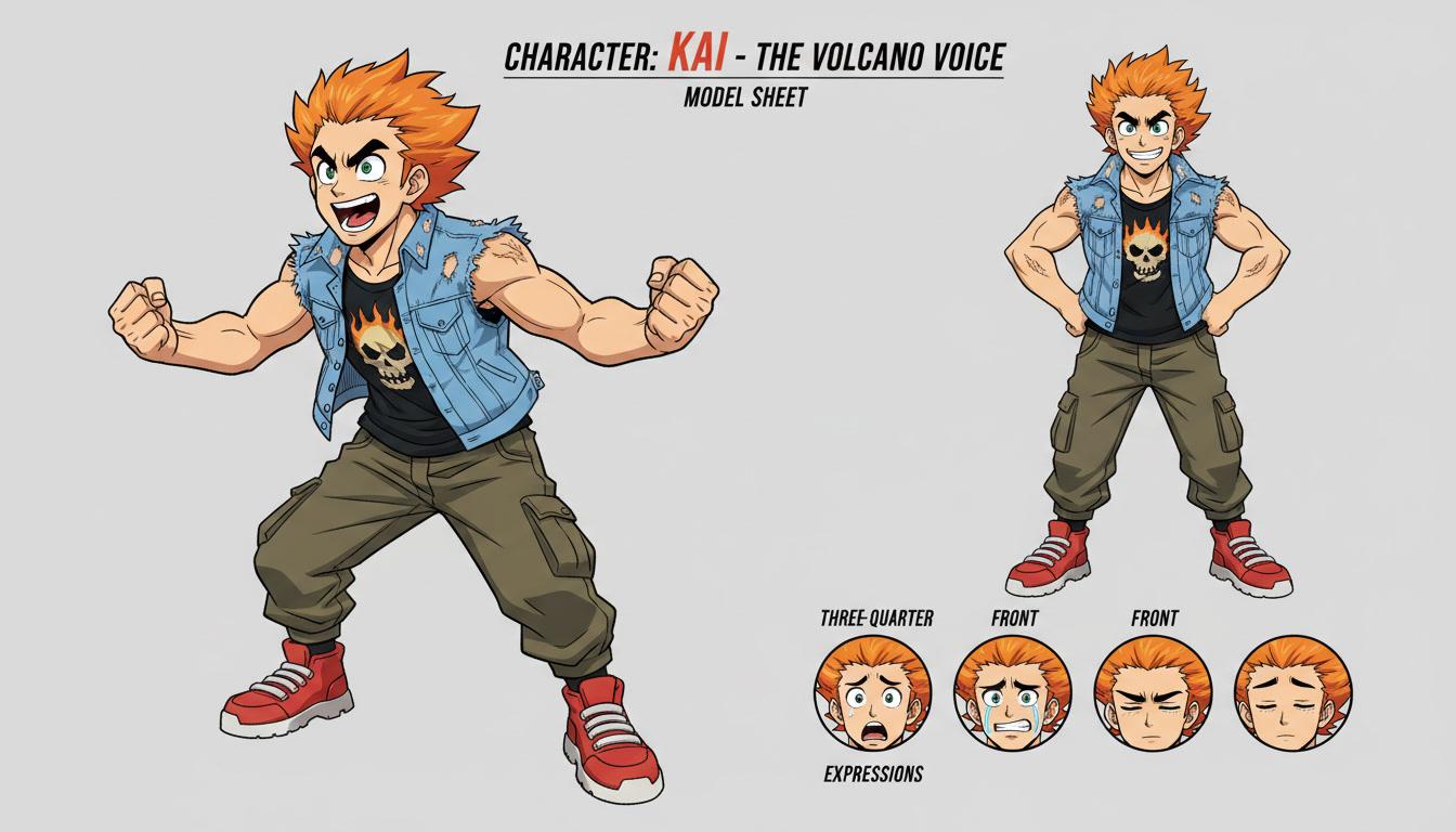 An anime character model sheet showing one character mid-shout with a row of consistent expressions