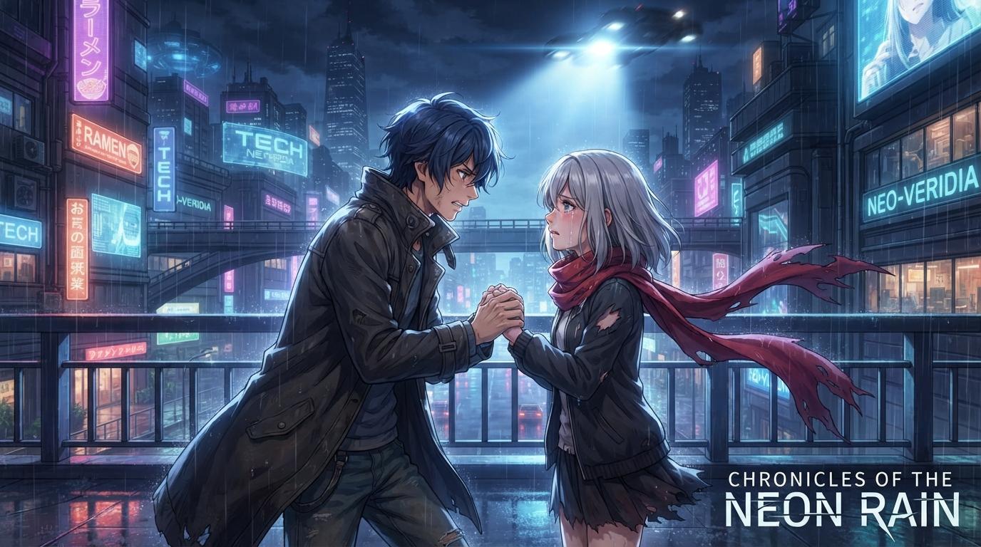 An original anime scene rendered from a written story, with dramatic rim lighting and detailed background art
