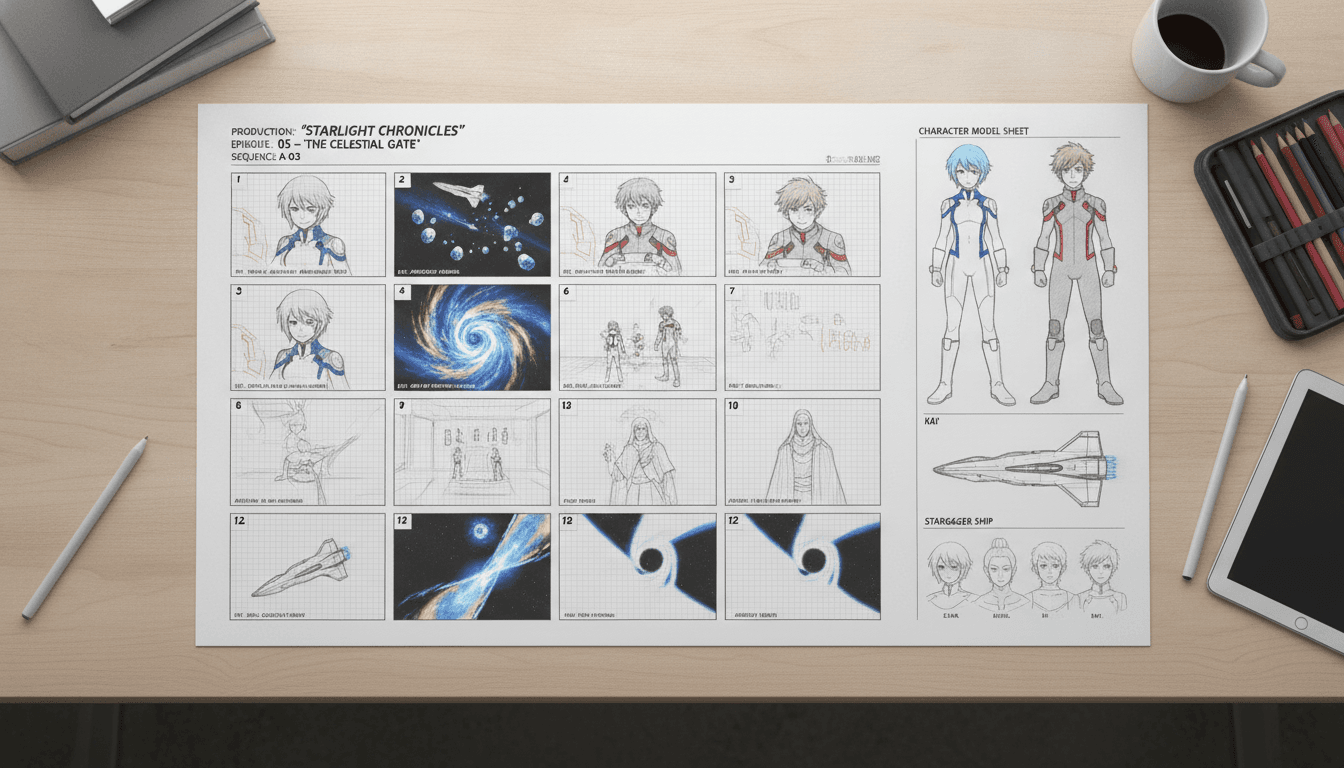 An anime storyboard sheet mapping a story outline onto numbered shots with a character model sheet in the margin