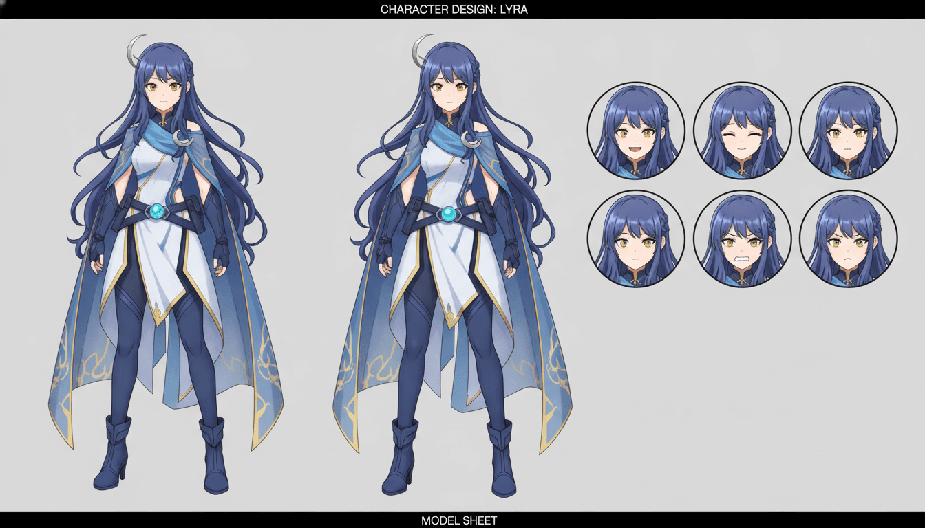 An anime character model sheet showing an original character in front and three-quarter views with an expression row
