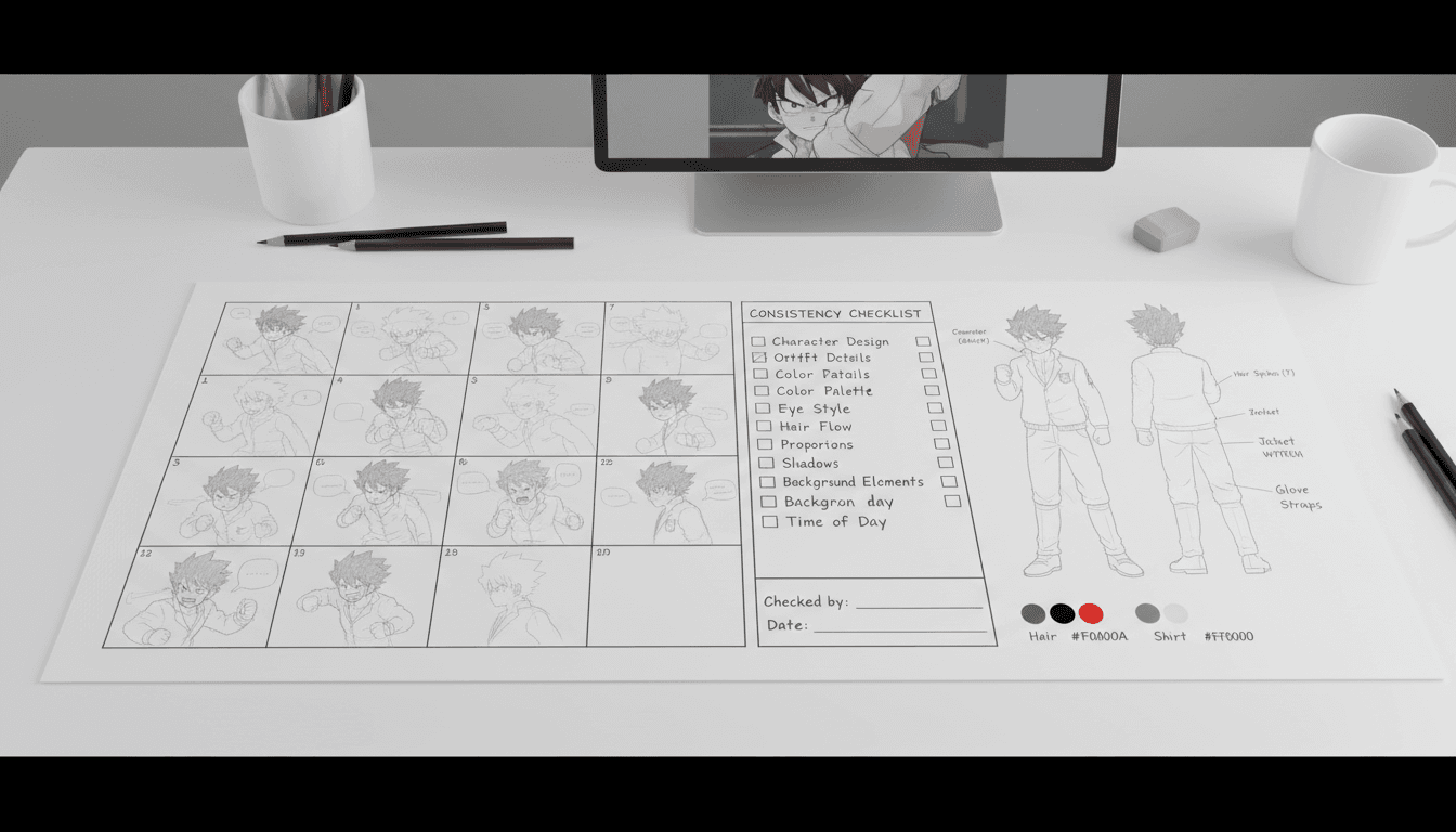 An anime storyboard sheet with a character consistency checklist and a model sheet in the margin