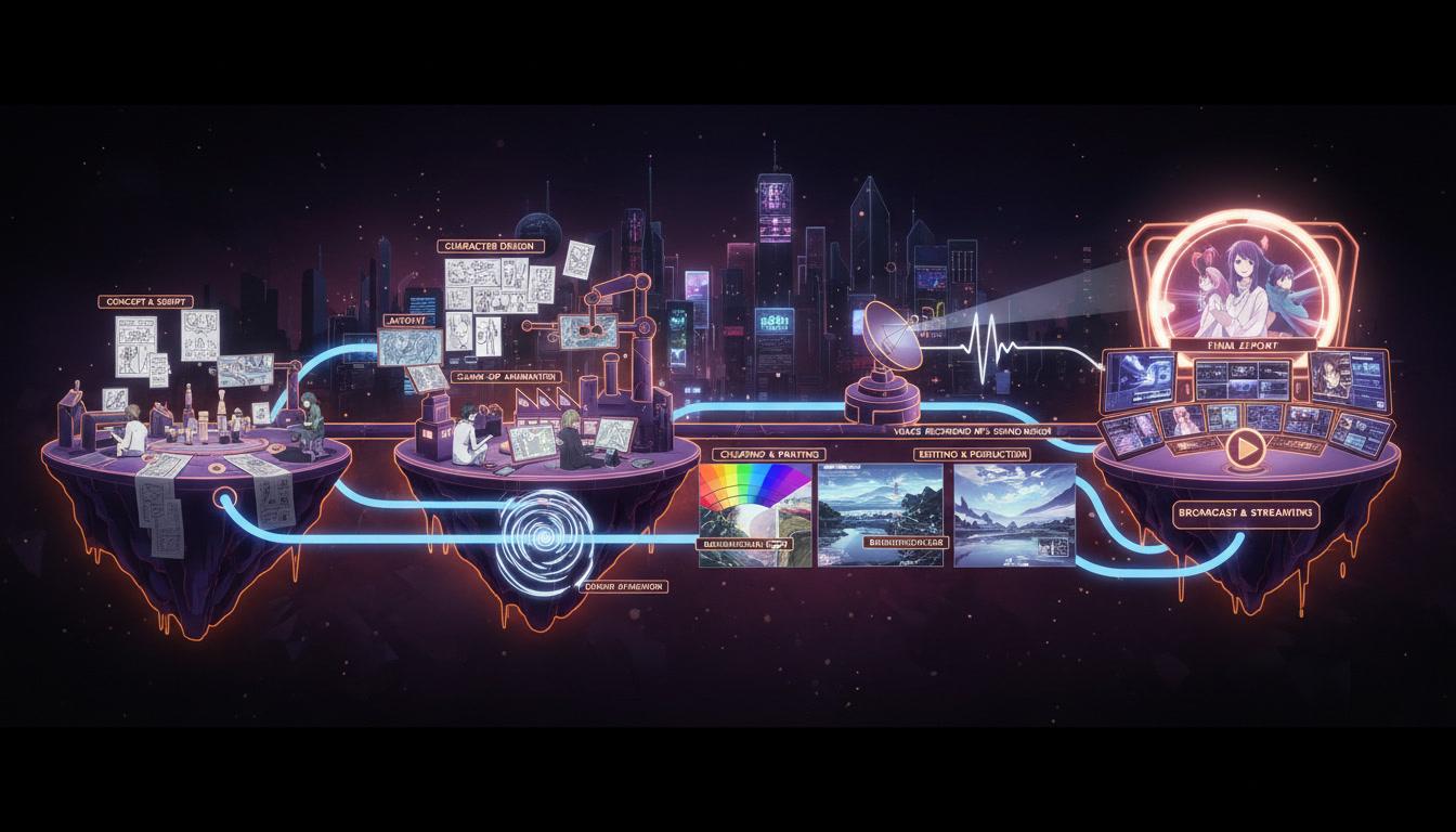 An anime production pipeline drawn as a flow from script pages through character sheets to finished scenes