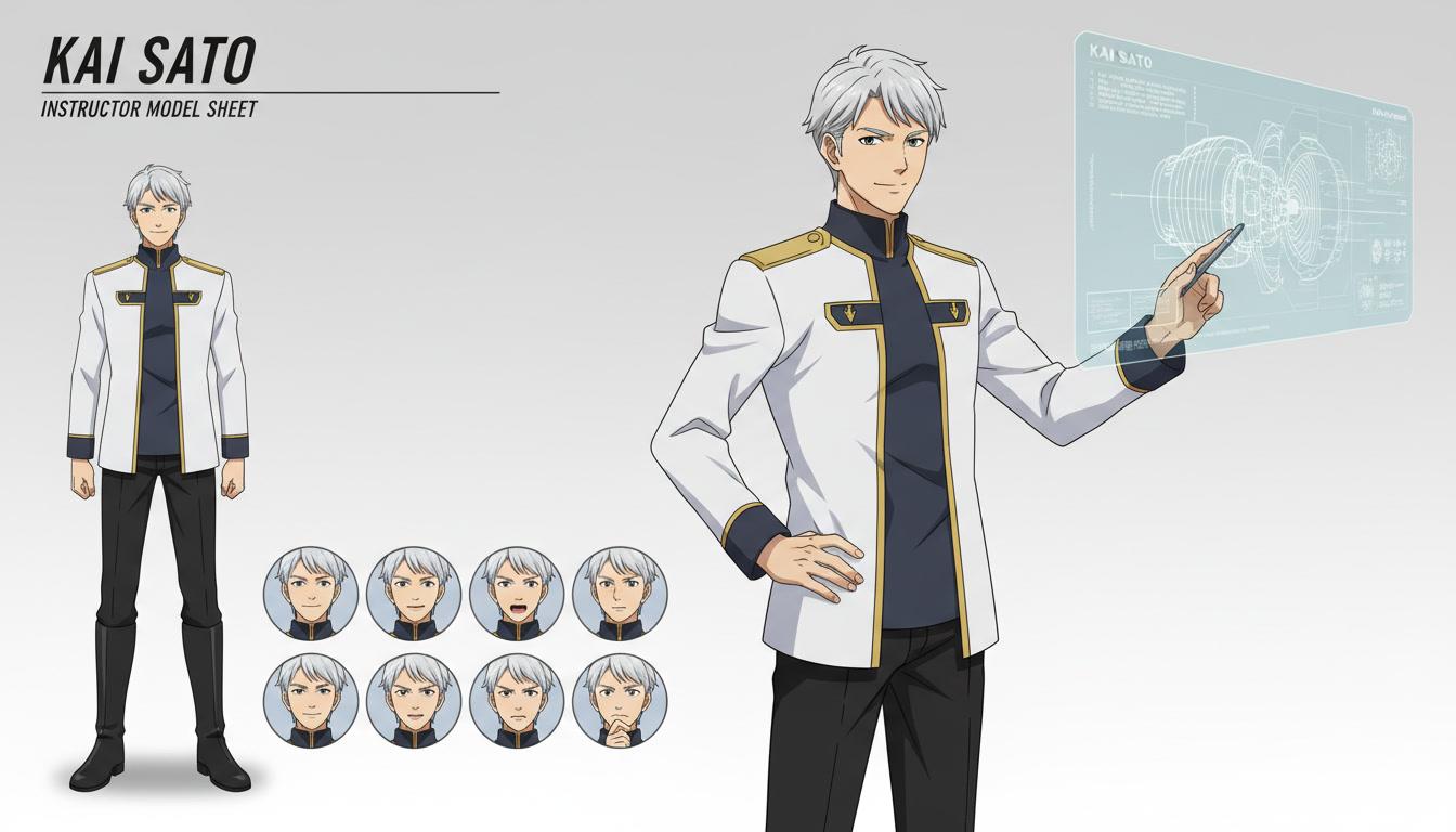 An anime character model sheet with front view, three-quarter view and an expression row kept on model