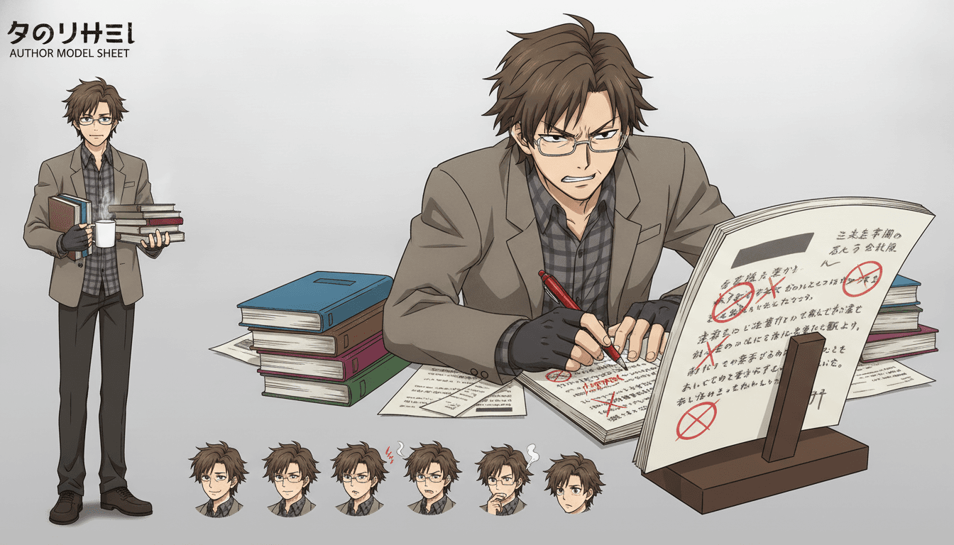 An anime character model sheet of an author marking up a manuscript, shown in front and three-quarter views