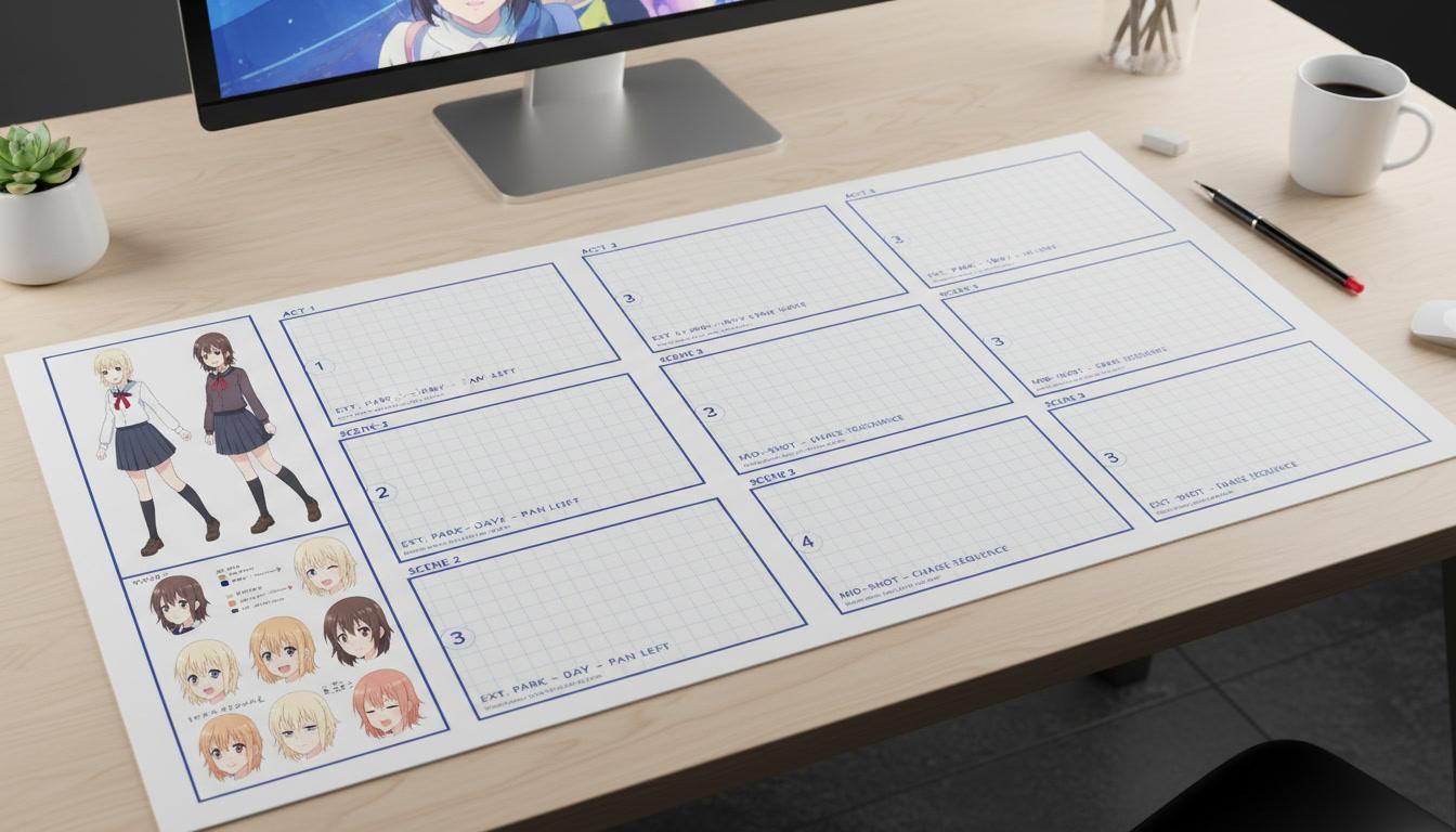 An anime storyboard sheet breaking a full runtime into numbered acts and scenes
