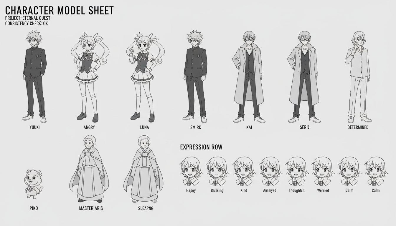 An anime character model sheet keeping one cast on model across a long runtime