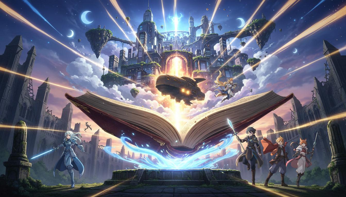 A novel opening into an animated anime world, rendered as a cinematic key visual