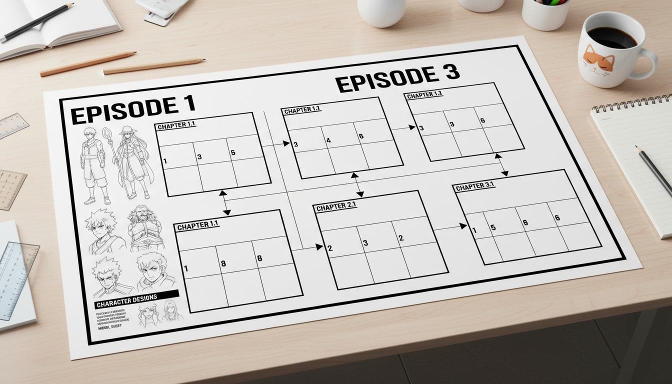 A storyboard planning sheet mapping novel chapters onto numbered anime episodes