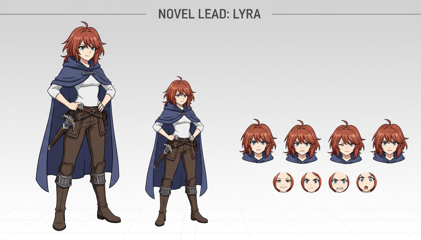An anime character model sheet showing a novel's lead in consistent front, three-quarter and expression views