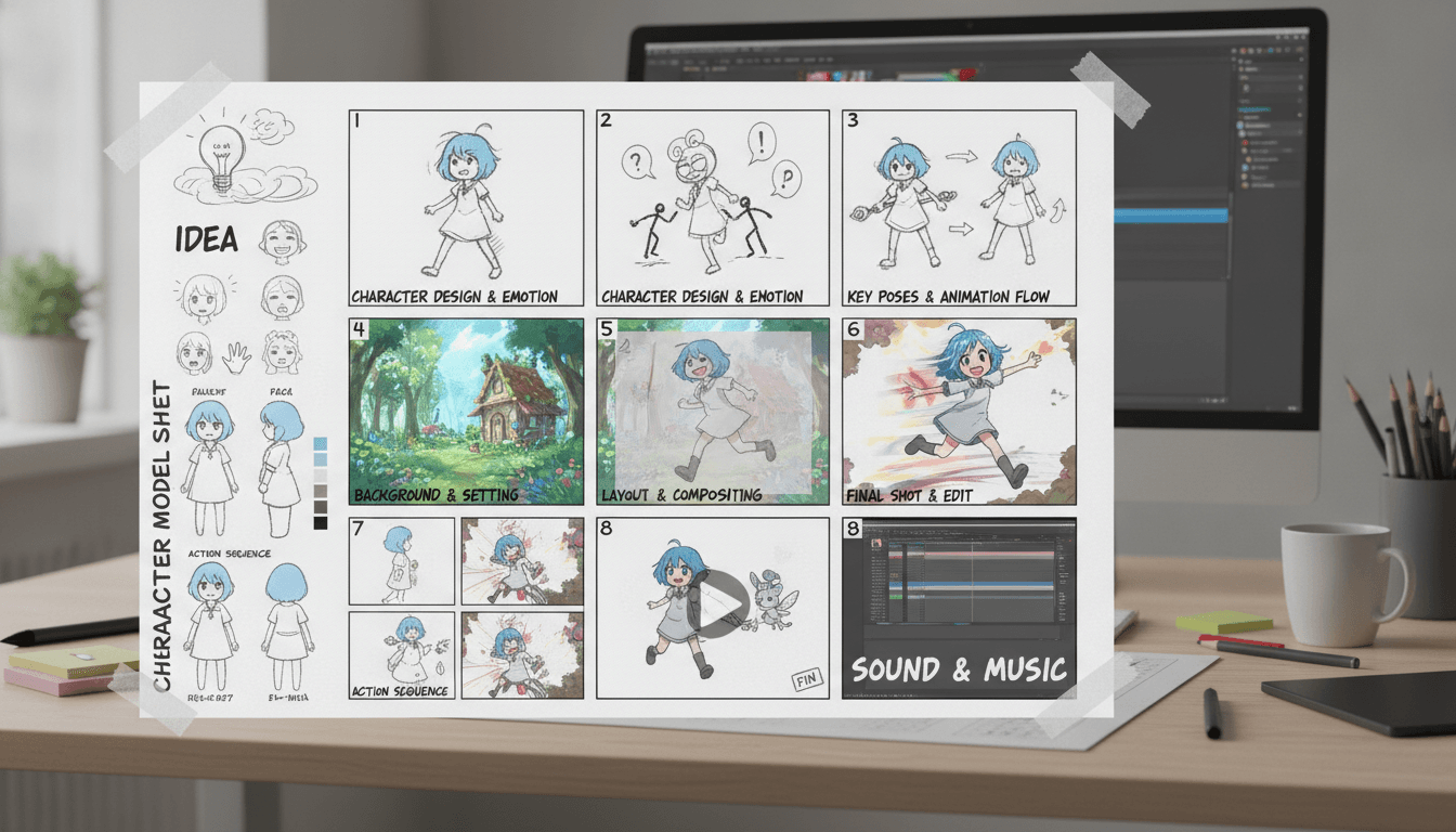 An anime storyboard sheet with numbered panels and a character model sheet in the margin