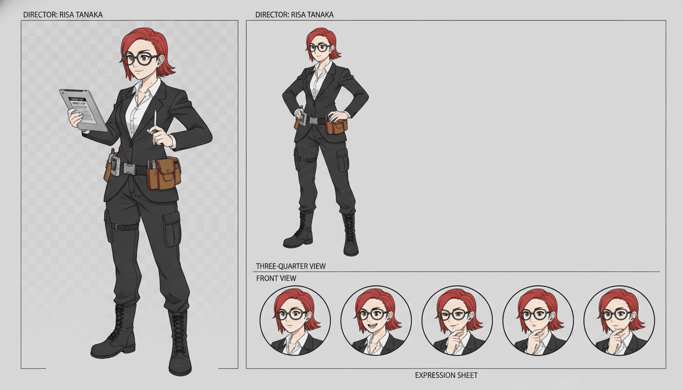 An anime character model sheet with front, three-quarter and expression views kept on model