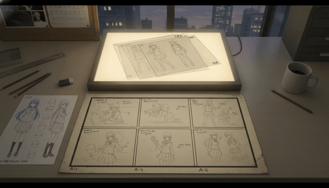 Anime storyboard sheet with cels stacked on a light box, numbered panels and a character model sheet in the margin