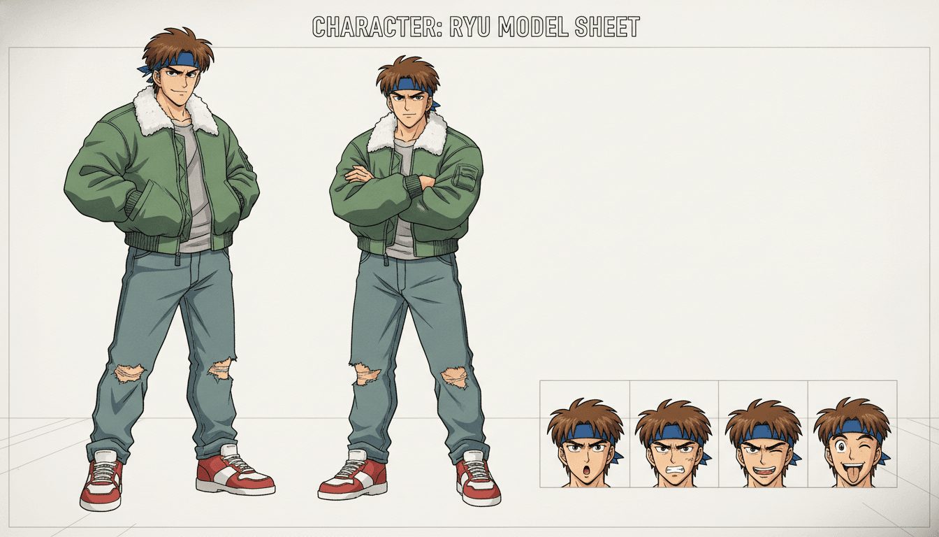 Anime character model sheet of a 90s-styled protagonist in a bomber jacket, shown in front and three-quarter views with an expression row