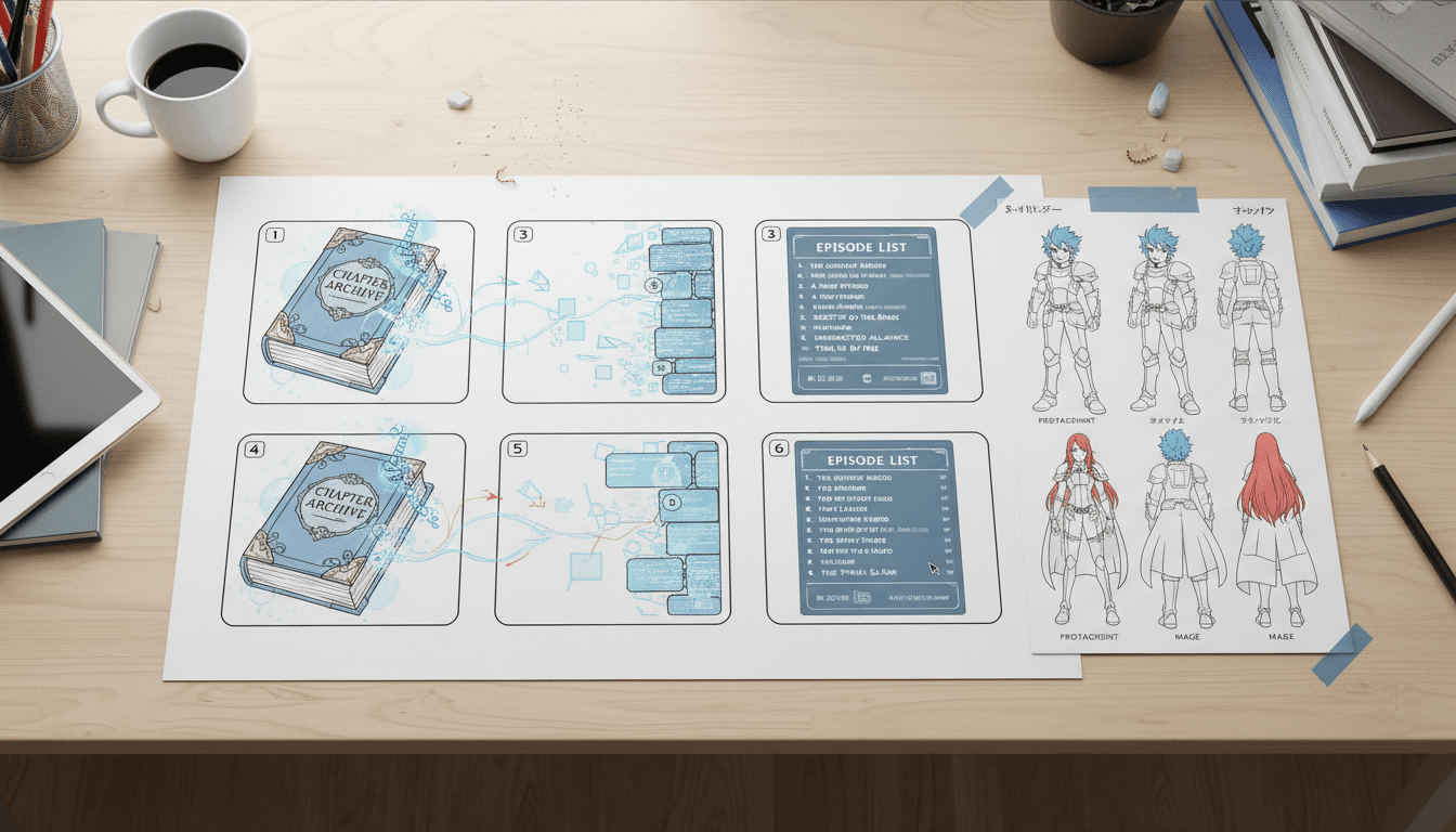 A storyboard sheet turning a web novel chapter archive into a numbered episode list