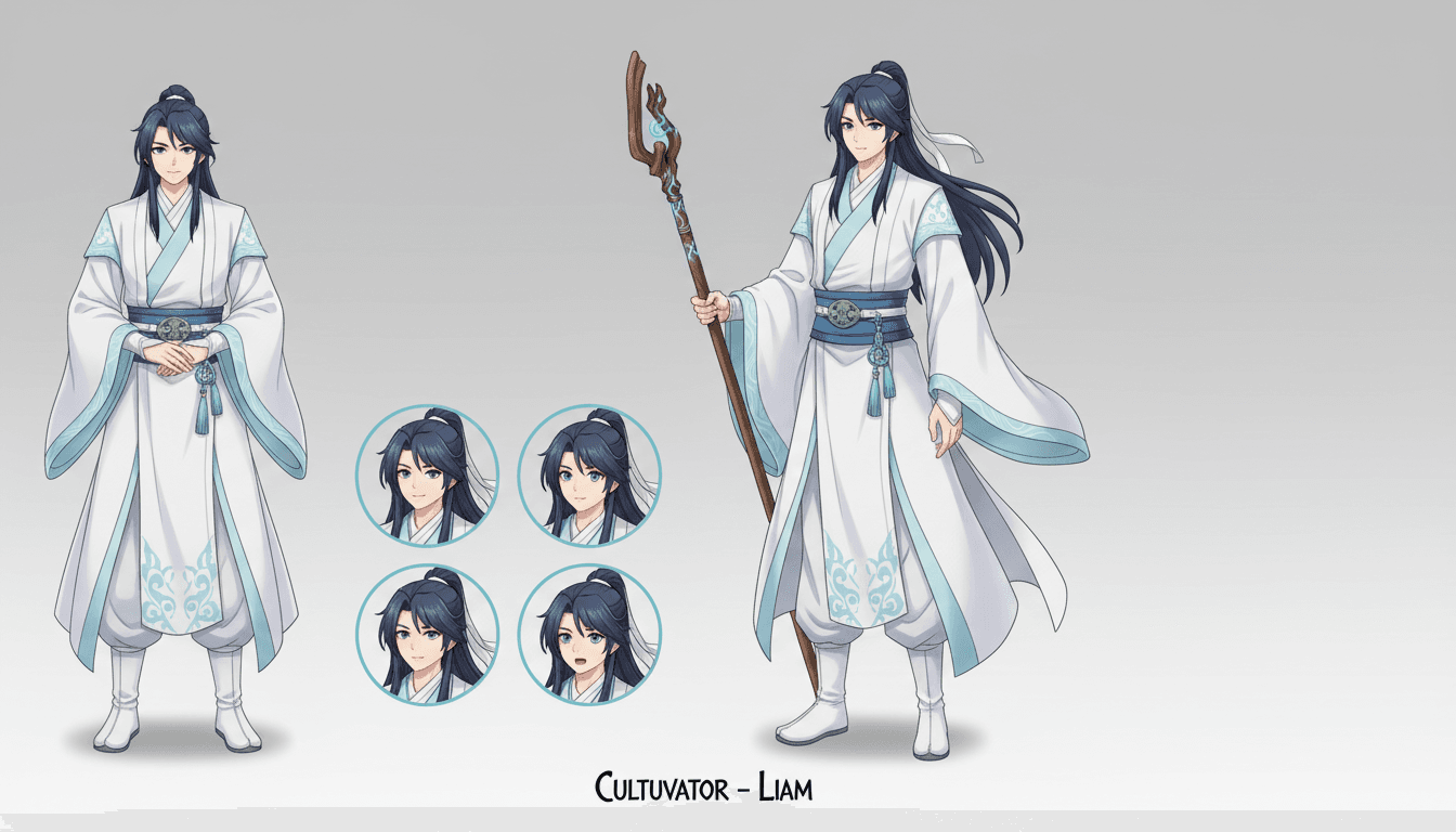 An anime character model sheet of a cultivator in white robes shown in consistent front, three-quarter and expression views